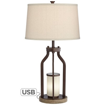 Franklin Iron Works Rustic Farmhouse Table Lamp with USB Charging Port Nightlight LED 27.75" Tall Bronze Burlap Drum Shade Living Room Bedroom
