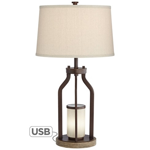 Franklin Iron Works Will Rustic Farmhouse Table Lamp 27 3/4 Tall Oil  Rubbed Bronze With Usb Port Led Nightlight Burlap Shade For Bedroom Living  Room : Target
