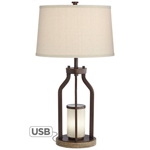 Franklin Iron Works Rustic Farmhouse Table Lamp With Usb Charging Port Nightlight Led Bronze Burlap Drum Shade Living Room Bedroom Target