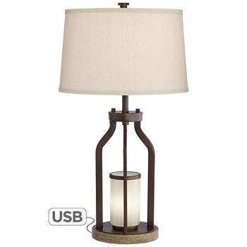Franklin Iron Works Will Rustic Farmhouse Table Lamp 27 3/4" Tall Oil Rubbed Bronze with USB Port LED Nightlight Burlap Shade for Bedroom Living Room