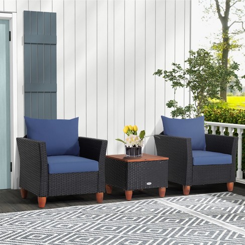 Costway 3PCS Patio Rattan Furniture Set Cushioned Sofa Storage Table Wood  Top Navy