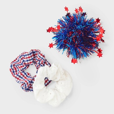Americana Plaid and Tinsel Hair Twister Set 3pc - Red/White/Blue