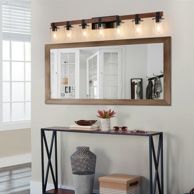 Rustic Vanity Light, Industrial Bathroom Wall Sconce with Glass Shades and Wood Accent, Modern Farmhouse Lighting Fixture (No Bulbs)