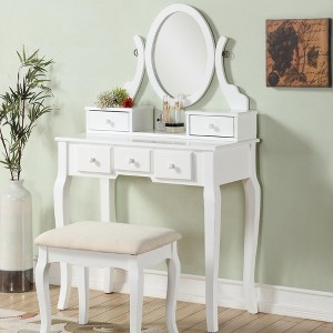 FONTOI 32"W Wood Makeup Vanity Table Stool Set with Adjustable Mirror 5 Storage Drawers for Bedroom Dressing Room, White, 32"*16"*53" - 1 of 4