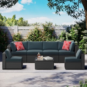 ELJGET 7PCS Patio Rattan Furniture Set Sectional Sofa Cushioned Garden Peacock Blue - 1 of 4