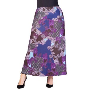 24seven Comfort Apparel Plus Size Purple Paisley Print Elastic Waist A Line Maxi Skirt - 1 of 4
