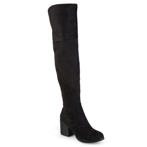 brings a new sensibility to statement footwear with these toe-capped black  over-the-knee boots