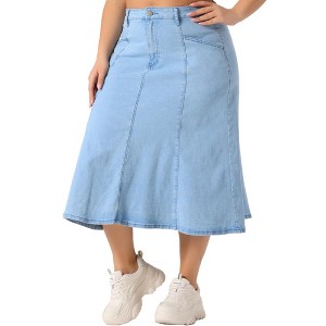Agnes Orinda Women's Plus Size Vintage High Waist with Pocket Casual A-Line Midi Denim Jean Skirts - 1 of 4
