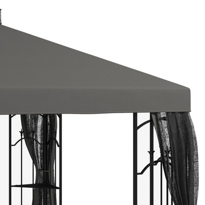 Gray Steel Patio Gazebo with Mesh Curtains and Shelves