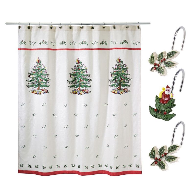 Spode Christmas Tree Shower Curtain & Shower Hook Set, 1 of 2