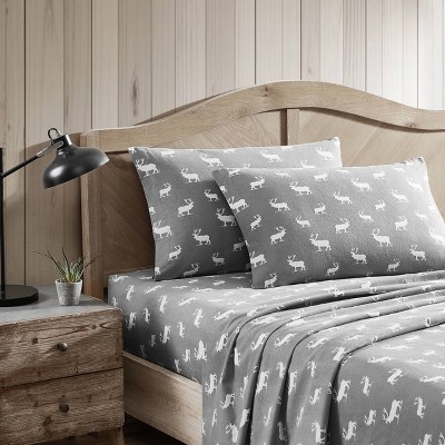 Gray Elk Grove Cotton Flannel Full Sheet Set with Deer Pattern