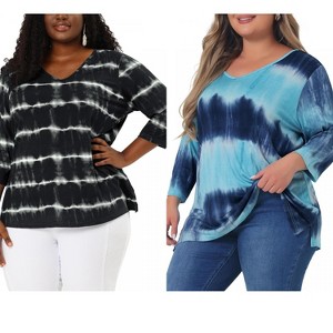 Women's Plus Size 2 Pieces Tie Dye Side Slit 3/4 Sleeve V Neck Casual Stripe Blouse - Agnes Orinda - 1 of 4