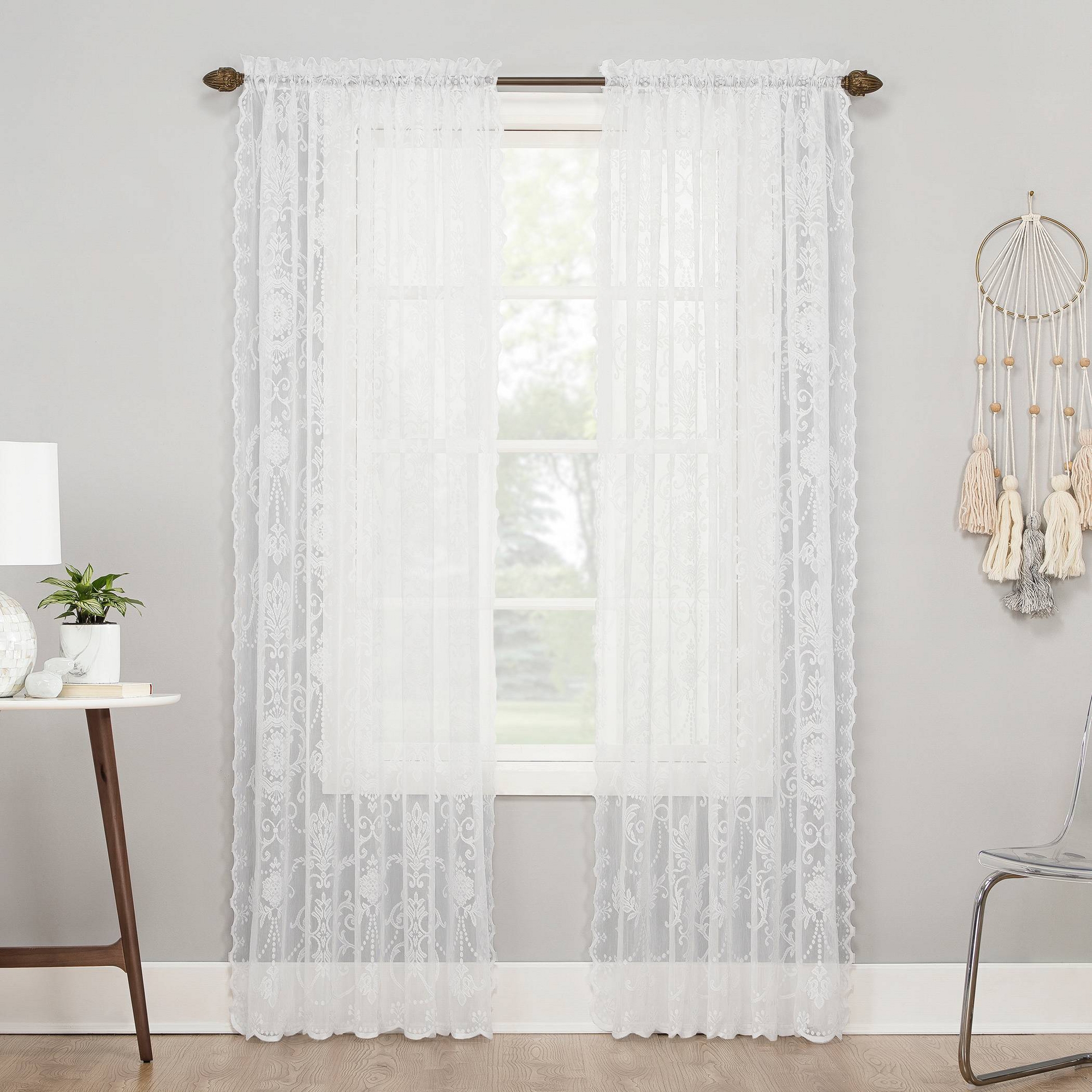 58"x63" Ariella Farmhouse Lace Rod Pocket Sheer Curtain Panel White - No. 918