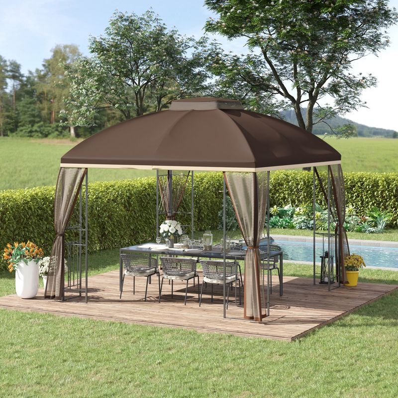 Outsunny 10' x 10' Patio Gazebo Canopy Outdoor Canopy Shelter with Double Tier Roof, Removable Mesh Netting, Display Shelves, 3 of 9