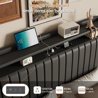 Black Queen Upholstered Floating Bed Frame with LED Lights and Storage