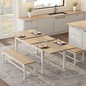 Dining Table Set for 4-6 with Benches, 63" Large Extendable Dining Room Table Set for 4, Kitchen Table Set with Metal Frame & MDF Board - 1 of 4