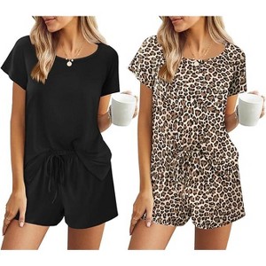 Ekouaer 2 Pack Womens Pajama Sets Short Sleeve Sleepwear Soft Crew Neck Pj Shorts Set Printed Loungewear Set - 1 of 4