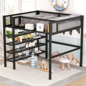 Full Size Loft Bed: Metal Frame, 4-Tier Storage Shelves - 1 of 4