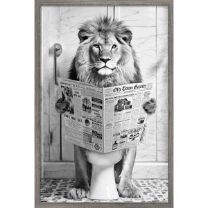 Trends International Reinders: Toilet Humor - Lion Toilet Framed Wall Poster Prints Barnwood Framed Version 22.375" x 34" - 1 of 4