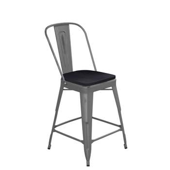 Emma and Oliver Clear Coated Metal Stool with Backrest and Polyresin Seat for Indoor Use Only