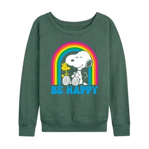 Women's - Peanuts - Be Happy Rainbow Lightweight French Terry Wide Neck Long Sleeve Graphic Shirt - 1 of 4