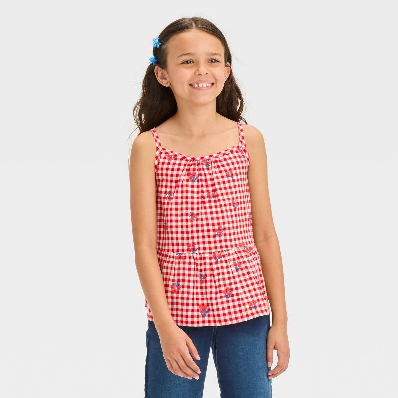 Girls&#39; Gingham Embroidered Floral Americana Peplum Tank Top - Cat &#38; Jack&#8482; Red, 1 of 7