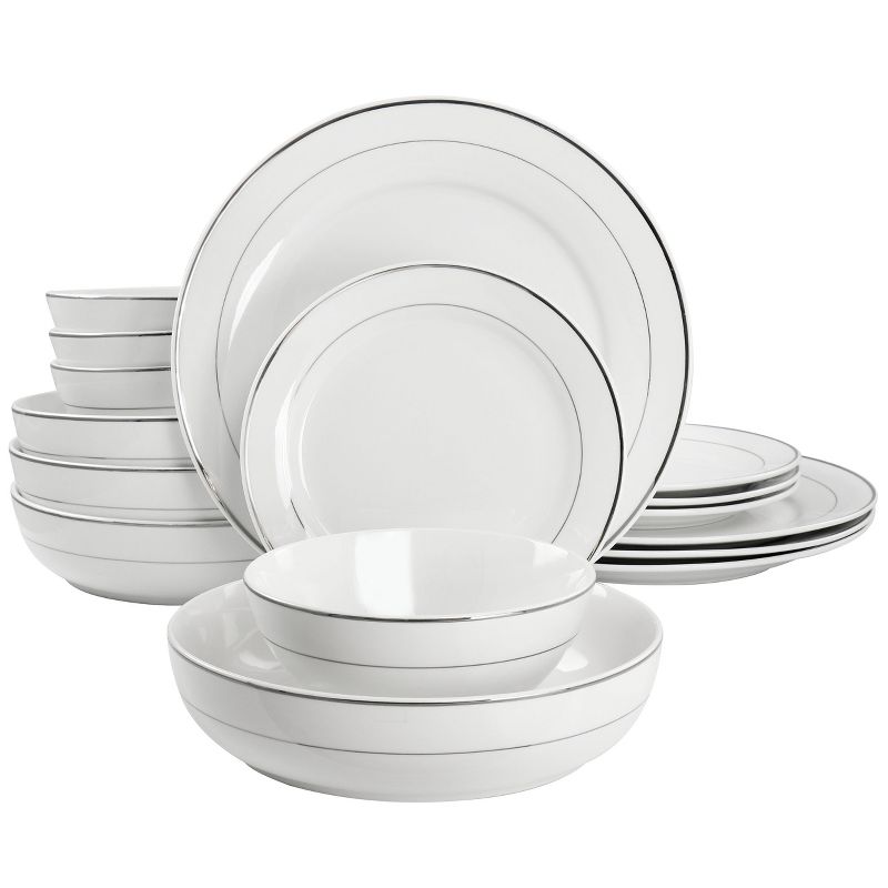 Meritage Classy 16 Piece Round Porcelain Double Bowl Dinnerware Set with Silver Rims, 1 of 9