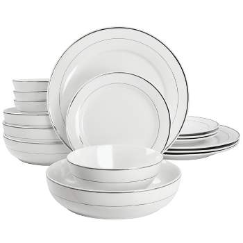 Meritage Classy 16 Piece Round Porcelain Double Bowl Dinnerware Set with Silver Rims