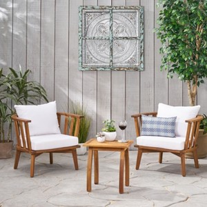 Christopher Knight Home Oleander Outdoor Acacia Wood 3 Piece Club Chair Chat Set with Cushions, Teak and White - 1 of 4