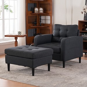 VYNXARIA Dark Gray Upholstered Armchair and Storage Ottoman Set Comfortable Single Sofa with Cup Holders and Tufted Detailing - 1 of 4