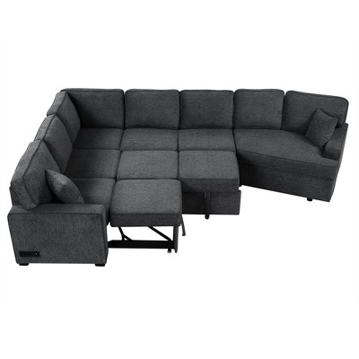 NicBex Modular 126" L Shape Sectional Sofa Pull Out Sleeper Couch Set with Cup Holders for Living Room