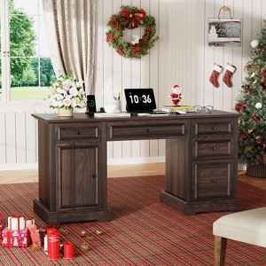 Dyonery 60" Executive Desk,Farmhouse Computer Desk with Drawers and Cabinet,Embossed Texture Home Office Desk,Workspace for Work Study Writing - 1 of 4