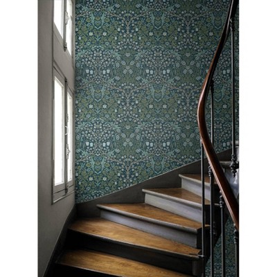 Prussian Blue and Moss Green Damask Peel and Stick Wallpaper