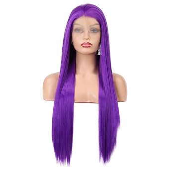 Unique Bargains Long Straight Hair Lace Front Wigs Women's with Wig Cap 24" Bright Purple 1PC