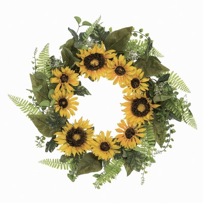 Transpac Fabric 20" Yellow Spring Sunflower and Eucalyptus Wreath