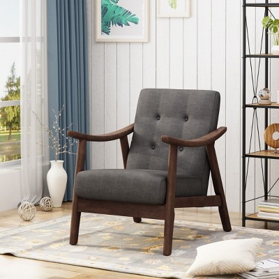 Mid Century Modern 1 Piece Wooden Fabric Upholstered Armchair,Tufted Comfy Reading Chair with Armrest,Living Room Bedroom Armchair-Coolbibila