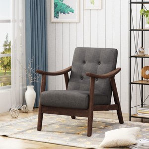 Mid Century Modern 1 Piece Wooden Fabric Upholstered Armchair,Tufted Comfy Reading Chair with Armrest,Living Room Bedroom Armchair-Coolbibila - 1 of 4