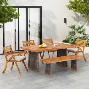 Christopher Knight Home Clara Rustic 6 Piece Outdoor Rattan Slatted Acacia Wood Dining Set with Cushions - 1 of 4