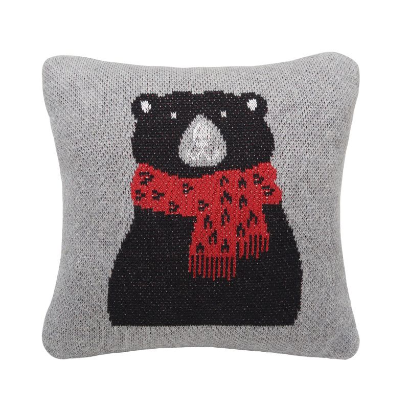 C&F Home 10" x 10" Winter Black Bear Wearing Red Scarf on Gray Background Cotton Knit Petite Accent Throw Pillow, 1 of 5
