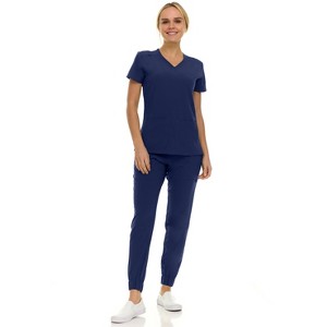 Saint Scrubs Womens 9-Pocket Medical Uniform Set- V-Neck Stretch Top with Seven Pocket Jogger Scrub Pant - 1 of 4