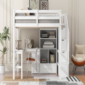 YOOCOZZ Full Size Loft Bed with L-Shaped Desk, Drawers, Cabinet and Storage Staircase - 1 of 4