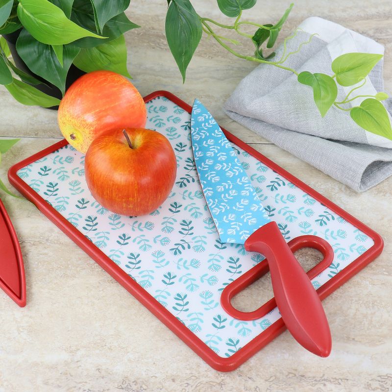 Gibson Home Village Vines 3 Piece Cutting Board and Knife Set in Red and Blue, 5 of 6