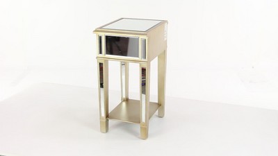 Beige Mirrored Fir Wood Accent Table with Storage