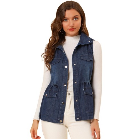 Womens denim jacket without collar sale