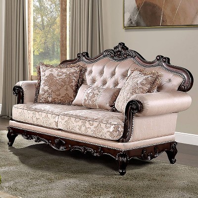 Light Brown Floral Fabric Camelback Loveseat with Nailhead Trim