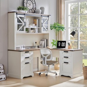 SinCiDo 60" Farmhouse L Shaped Office Desk w/ Hutch, Wood Home Office Executive Desk w/ Drawer & Charging Ports, Storage Cabinet - 1 of 4
