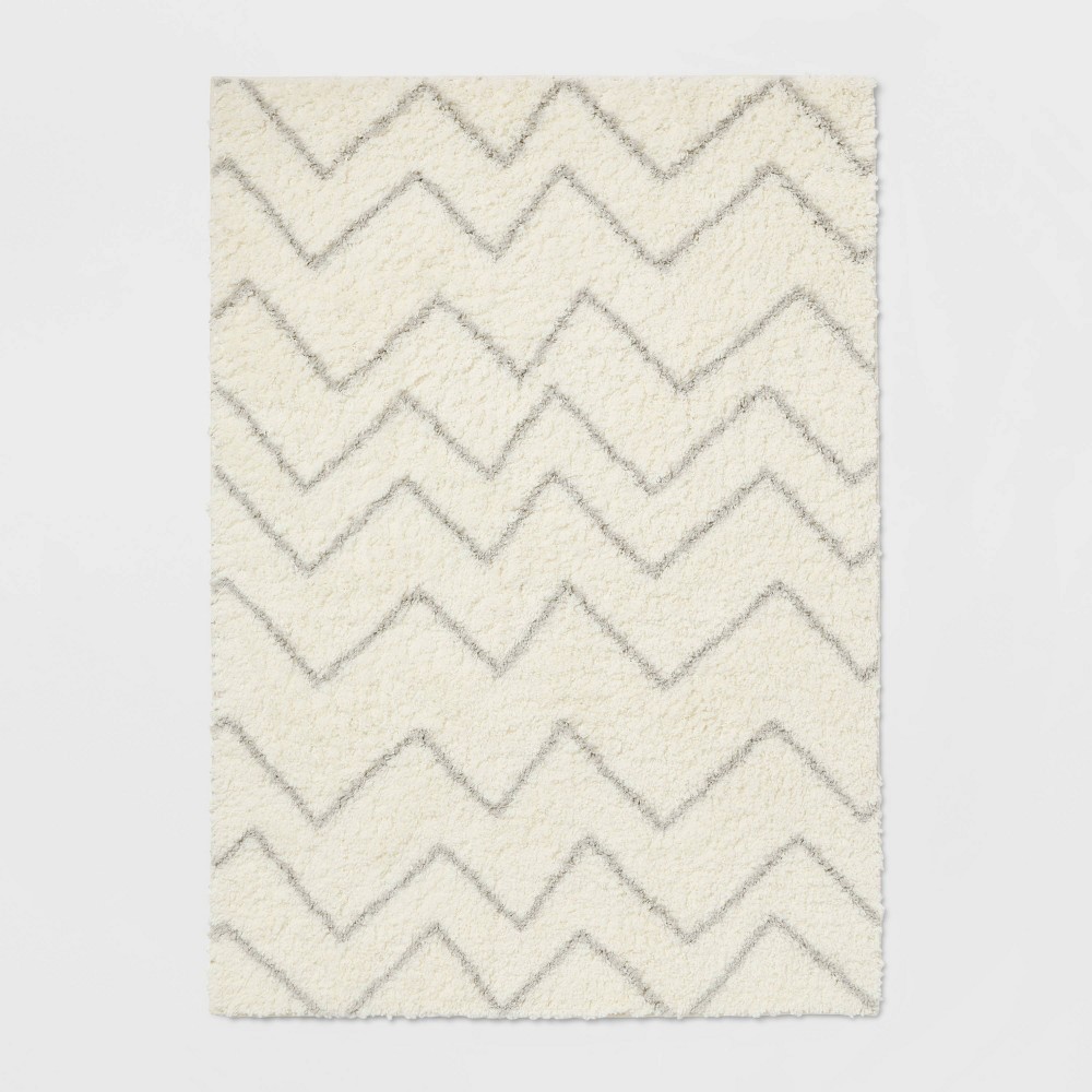 Photos - Area Rug 5'x7' Chevron Area Kids' Rug Cream - Pillowfort™: High Pile Tufted Nylon, Machine Washable, Bedroom Decor