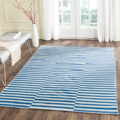 Ivory and Blue Geometric Cotton Handwoven Area Rug