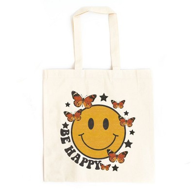 City Creek Prints Be Happy Butterflies Canvas Tote Bag - 15x16 - Natural