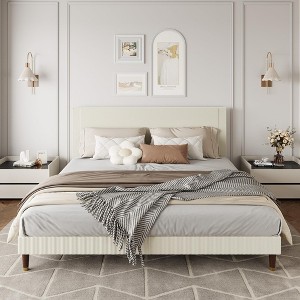 GustoWave Upholstered Platform Bed Frame, Fabric Headboard and Wooden Slats - 1 of 4